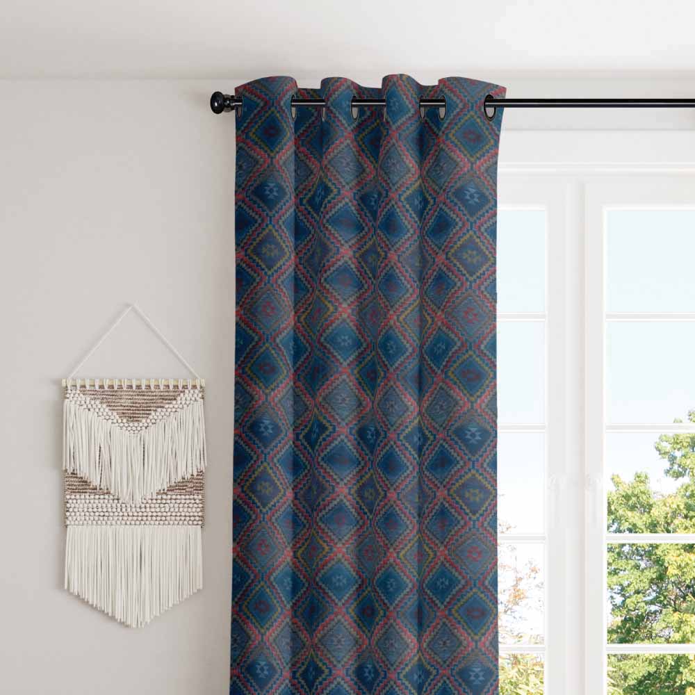 Carribean geometry and royal blue eyelet curtain