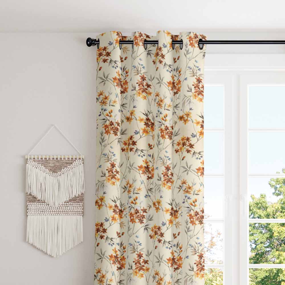 Cream and orange floral design polyester eyelet curtain