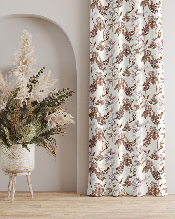 Natural brown floral petals design polyester eyelet curtain