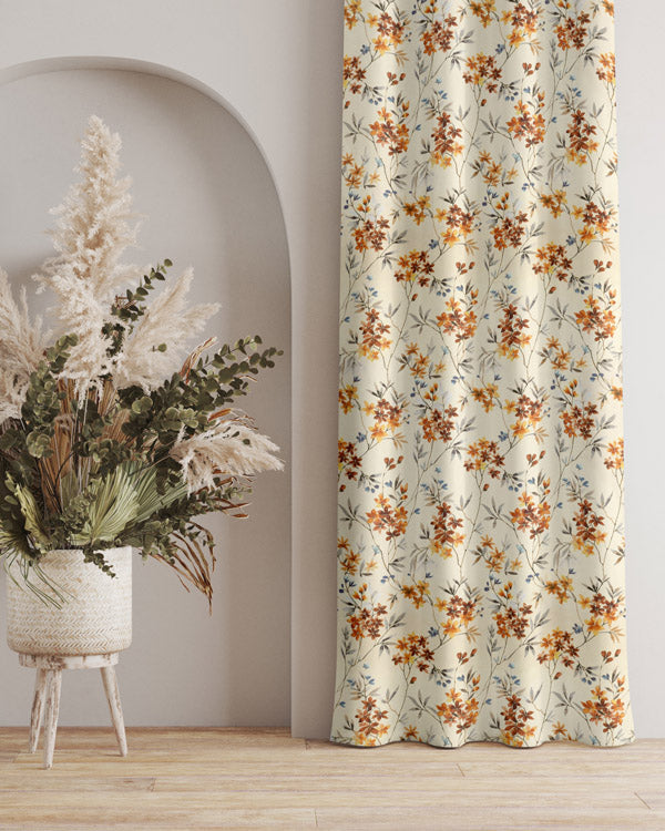 Cream and orange floral design polyester eyelet curtain