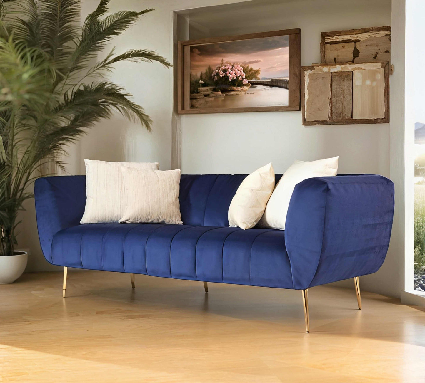 Carmen Velvet Fabric Sofa 3 Seater Blue